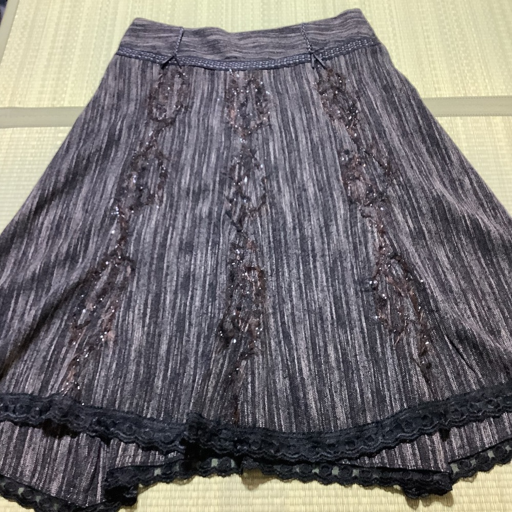 Vintage AZITA Jeans Midi Skirt 14 Mix Media Braided Leather Feathers Lace